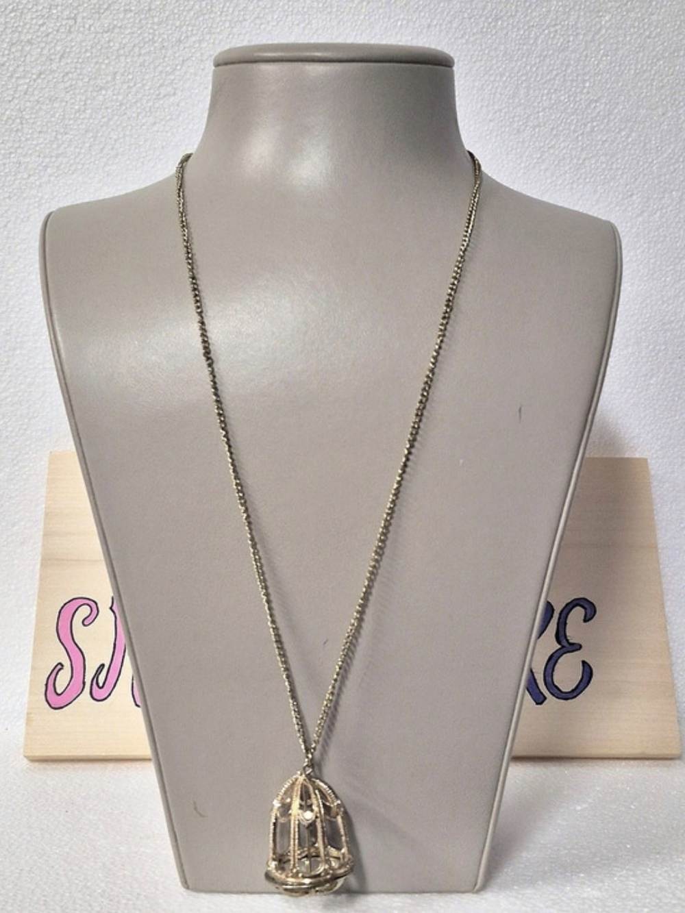 Vintage WhatchMeRoar Jewelry Gold-Tone Cage Pendant Necklace With White Bird